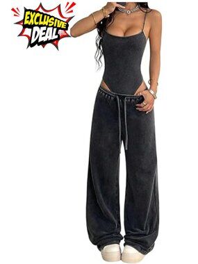 Y2K Two Piece Set Sleeveless Bodysuit Baggy Pants Streetwear Concert Outfit